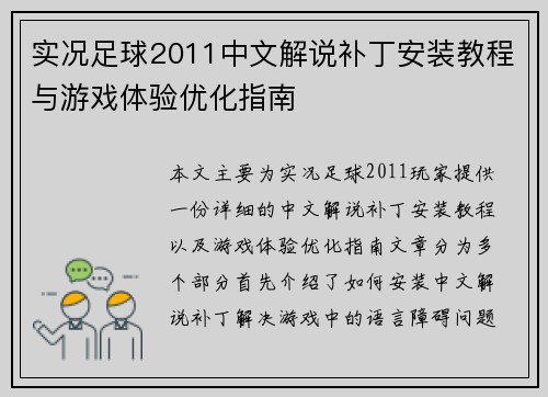 实况足球2011中文解说补丁安装教程与游戏体验优化指南