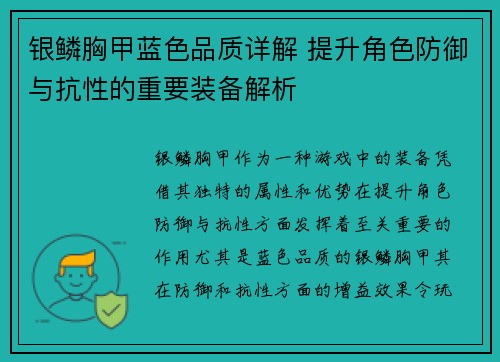 银鳞胸甲蓝色品质详解 提升角色防御与抗性的重要装备解析