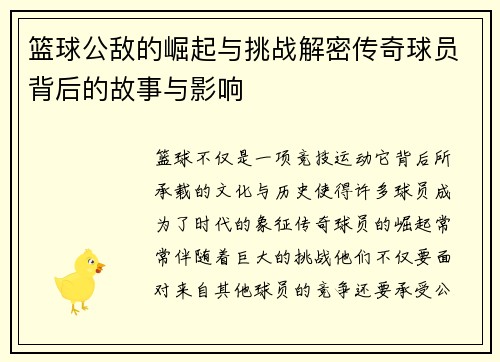 篮球公敌的崛起与挑战解密传奇球员背后的故事与影响