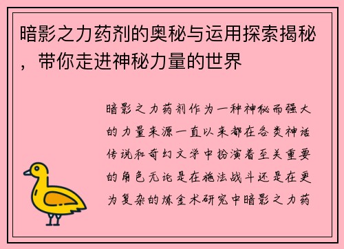 暗影之力药剂的奥秘与运用探索揭秘，带你走进神秘力量的世界